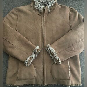 Women’s Coldwater Creek Faux Suede & Faux Fur Coat Size XL ~ Brown